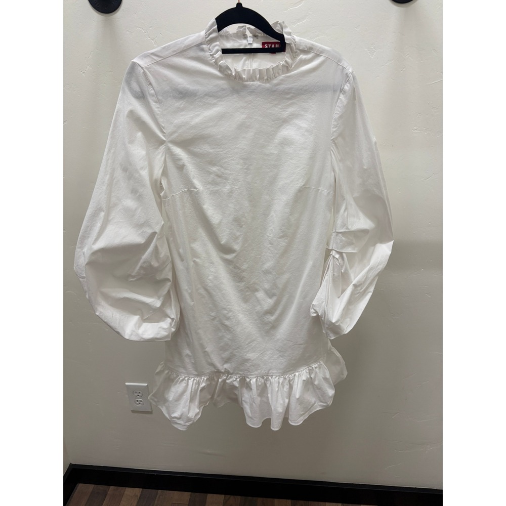 STAUD White Ruffle Neck Puff Sleeve Mini Dress with Pockets Size 2 Cottagecore - Picture 2 of 7